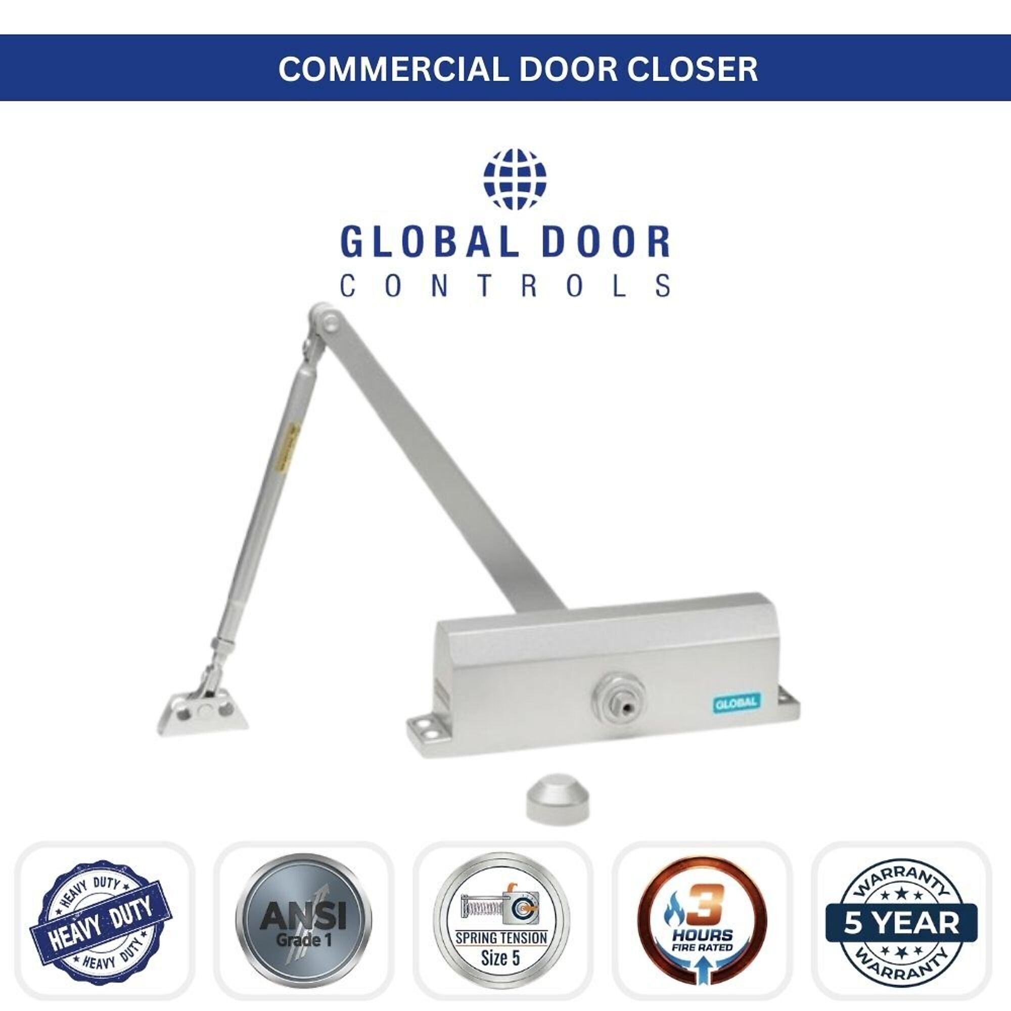 Global Door Controls, Streamline Commercial Grade 1 Door Closer in Aluminum - Size 5, #TC2205-AL